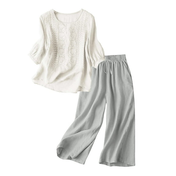 NMMUED Summer Sets for Women Linen Two Piece Set Women Womens Loungewear Set Pants Sets Women 2 Piece Outfits Pj Sets for Woman, White XXXL