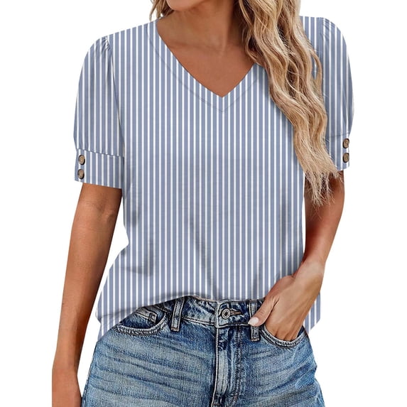 NMMUED Summer Tops for Women Casual V Neck Shirts Floral Print Short Puff Sleeve Loose Fit Blouses with Button Cuffs Boho Tees Trendy Dressy Work Office Wear Blue S