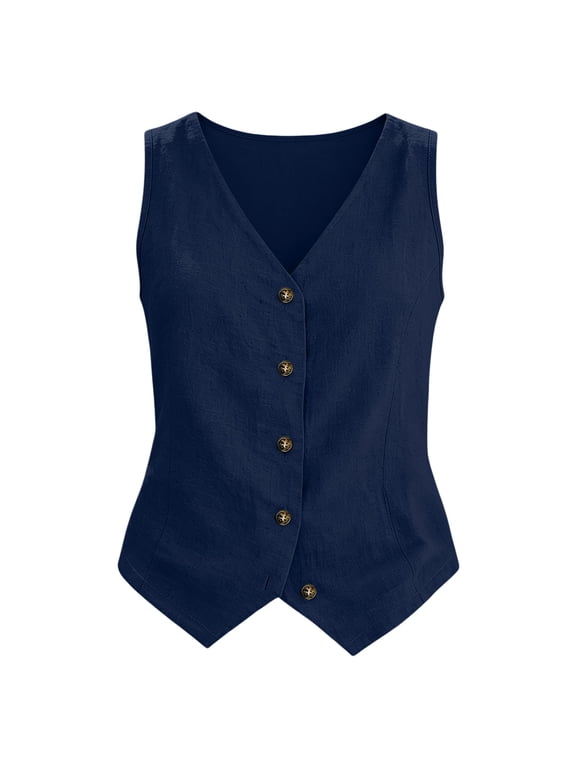 Summer Vest for Women Cotton Linen V Neck Button Down Sleeveless Waistcoat Casual Dressy Suit Jackets Lightweight Basic Tops Ladies Business Work Outfits Dark Blue L