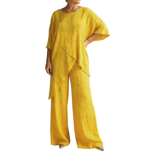 NMMUED Summer Women’s Cotton Linen 2 Piece Lounge Set Casual Outfits Asymmetrical Draped Top Wide Leg Pants with Pockets Relaxed Fit Lightweight Matching Loungewear Linen 2 Piece Set for Women