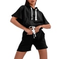 thumbnail image 1 of NMMUED Sweat Set for Women Sweatsuits Women 2 Piece Outfit Short Sets for Women Tracksuit for Women Short Sleeve Drawstring Hoodies and Lounge Sets with Pocket, Black L, 1 of 4