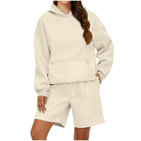 NMMUED Sweat Set for Women Athleisure Sets Women Sweat Shorts Sets Track Suits for Women Set Oversized Casual Fleece Hoodie Sets, Beige XXXL