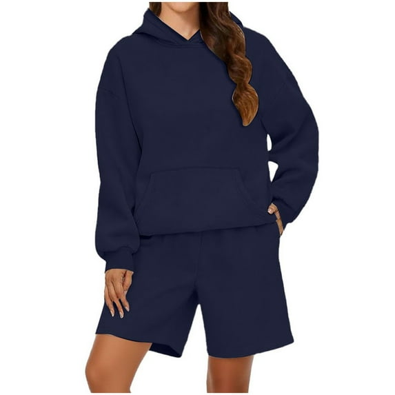 NMMUED Sweat Set for Women Athleisure Sets Women Sweat Shorts Sets Track Suits for Women Set Oversized Casual Fleece Hoodie Sets, Navy S
