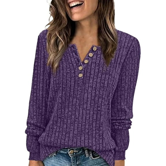 NMMUED Sweaters for Women Pullover Sweaters for Women Ribbed Tops for Women Henley Shirts for Women, Purple L