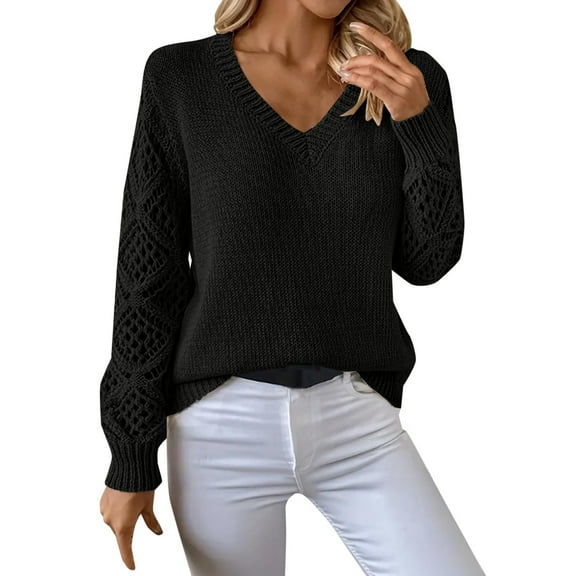 NMMUED Sweaters for Women Pullover Sweaters for Women V Neck Sweaters for Women Knit Sweater for Women, Black L