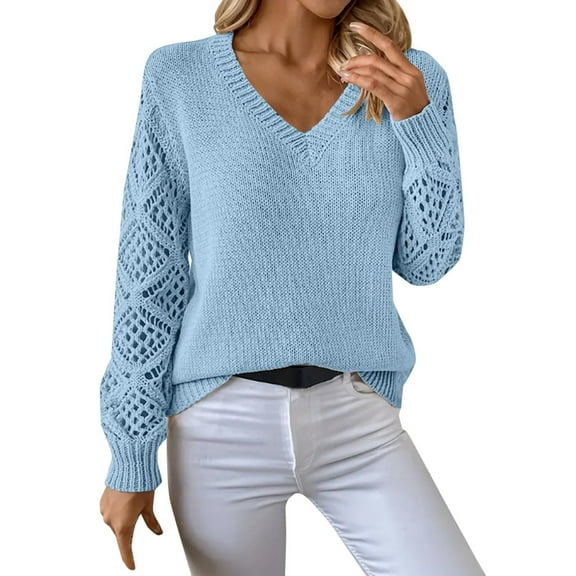 NMMUED Sweaters for Women Pullover Sweaters for Women V Neck Sweaters for Women Knit Sweater for Women, Sky Blue L