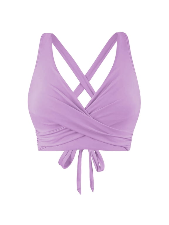 Swimsuit Tops for Women Bikini Tops V Neck Criss Cross Wrap Front Push Up Padded Bathing Suit Top Tie Back Crop Swimwear Summer Beach Vacation Swimming Apparel Purple XL