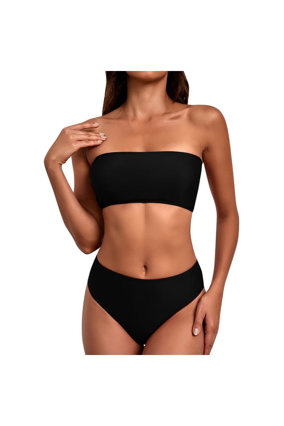 Swimwear for Women 2 Piece Bandeau Bikini Sets Solid Strapless Bathing Suits High Waisted Bottom Tube Top Swimsuit Summer Beachwear Tropical Vacation Set Black M
