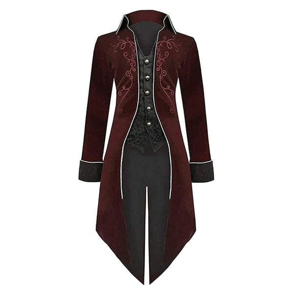 NMMUED Tailcoat Frock Coat Steampunk Jacket Men Vintage Jacket Men Medieval Jacket Halloween Costumes Adult Masquerade Outfits Wine XL