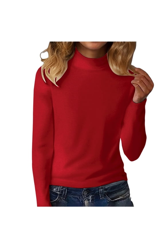 Turtlenecks Women Long Sleeve Pullover Baselayer Undershirts Tops Turtle Neck Mock Shirts Red XXL