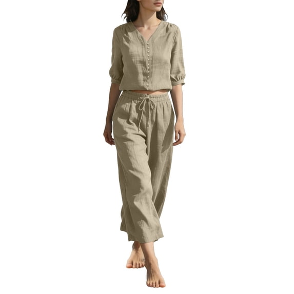 NMMUED Two Piece Linen Sets for Women Button Down Summer Shirts Wide Leg Linen Capri Pants 2 Piece Lounge Set Women Green XXL