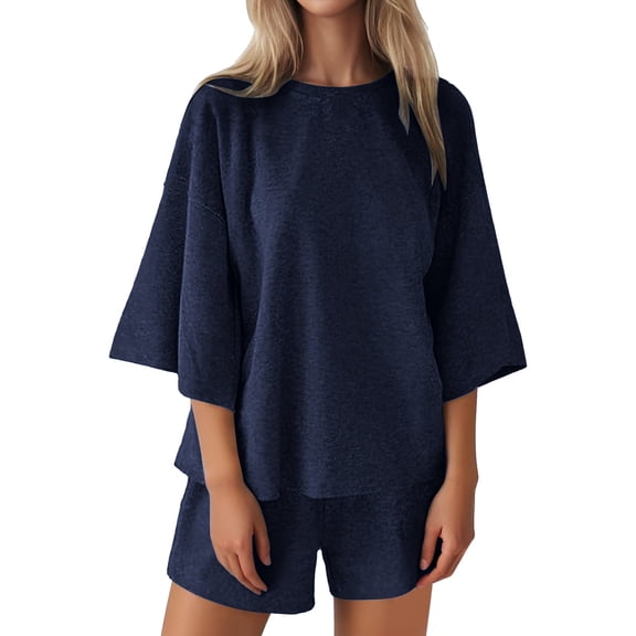 NMMUED Two Piece Lounge Set for Women Two Piece Short Set for Women Cotton Pajamas for Women Set Matching Sets Women Clothing Summer Outfits for Women, Dark Blue XXL