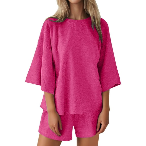 NMMUED Two Piece Lounge Set for Women Two Piece Short Set for Women Cotton Pajamas for Women Set Matching Sets Women Clothing Summer Outfits for Women, Hot Pink M