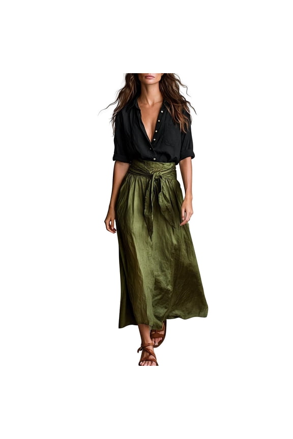 Two Piece Outfits for Women Boho Skirt Sets Casual Button Down Shirt and High Waist Tie Maxi Skirt Flowy Matching Sets Summer Beach Vacation Resort Wear Black S