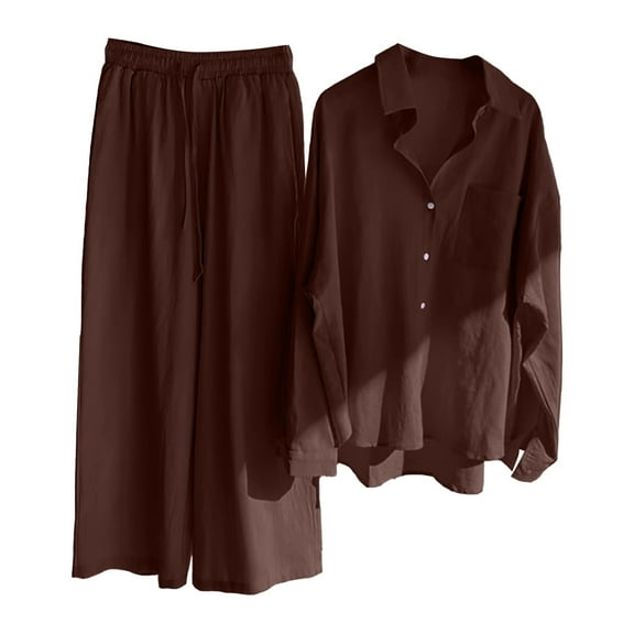 NMMUED Two Piece Sets for Women Long Sleeve Lounge Sets for Women Linen Outfits Women 2 Piece Gauze Sets for Women 2 Piece Lounge Sets for Women, Coffee XL