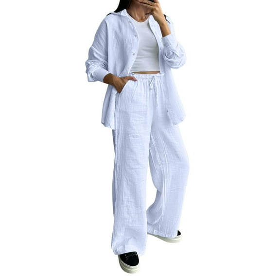 NMMUED Two Piece Sets for Women Pants Sets Women 2 Piece Outfits Linen Sets for Women 2 Piece Two Piece Sets for Women Long Sleeve Loungewear Sets Woman, White M