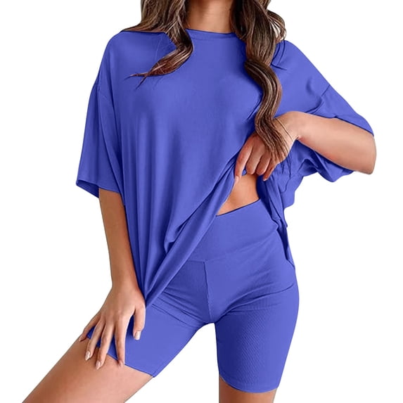 NMMUED Two Piece Sets for Women Summer Oversized Lounge Sets for Women Two Piece Short Set for Women Loungewear Oversized Tshirts Biker Shorts Sets, Blue L