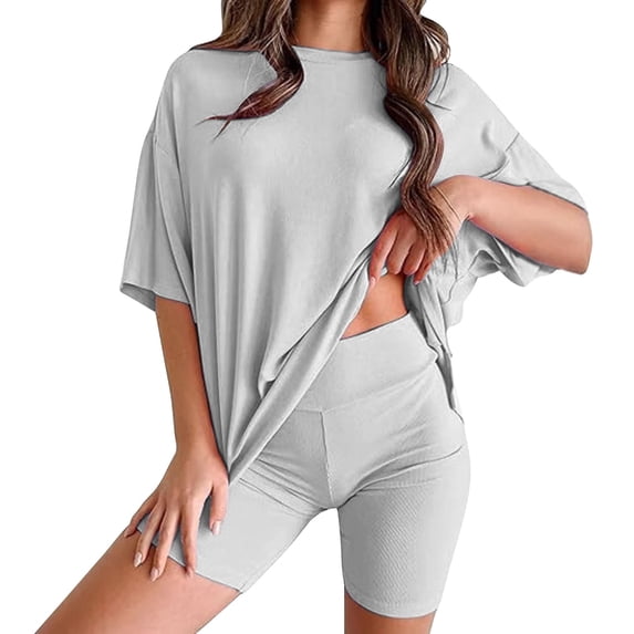 NMMUED Two Piece Sets for Women Summer Oversized Lounge Sets for Women Two Piece Short Set for Women Loungewear Oversized Tshirts Biker Shorts Sets, Gray XS