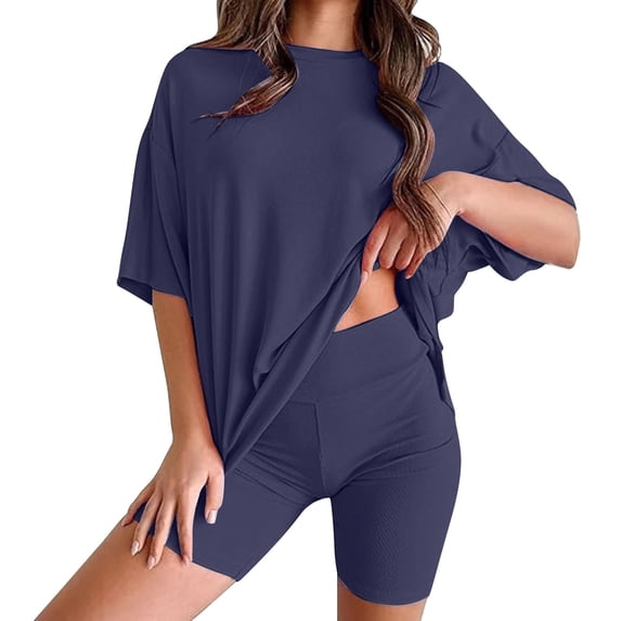NMMUED Two Piece Sets for Women Summer Oversized Lounge Sets for Women Two Piece Short Set for Women Loungewear Oversized Tshirts Biker Shorts Sets, Navy L