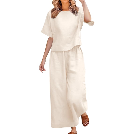 NMMUED Two Piece Sets for Women Summer Outfits Oversized Wide Leg Pants Lounge Sets Airport Beach Vacation Clothes Lounge Sets for Women Beige L