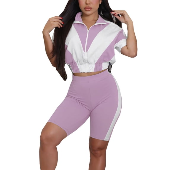 NMMUED Two Piece Short Set for Women Sweat Suit Workout Sets for Women Sweatshirt and Shorts Set Crop Zipper Sweatshirt and Shorts Tracksuit Set, Purple M