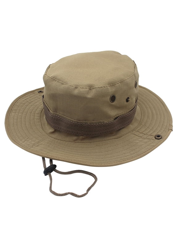 Unisex Wide Brim Sun Hat Boonie Safari Cap with Breathable Vents Adjustable Chin Strap for Hiking Khaki L