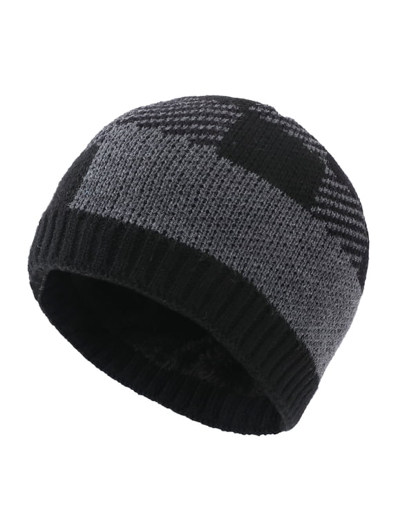 Unisex Winter Beanie Hat for Men Women Fleece Lined Warm Knit Skull Cap Color Block Black One Size