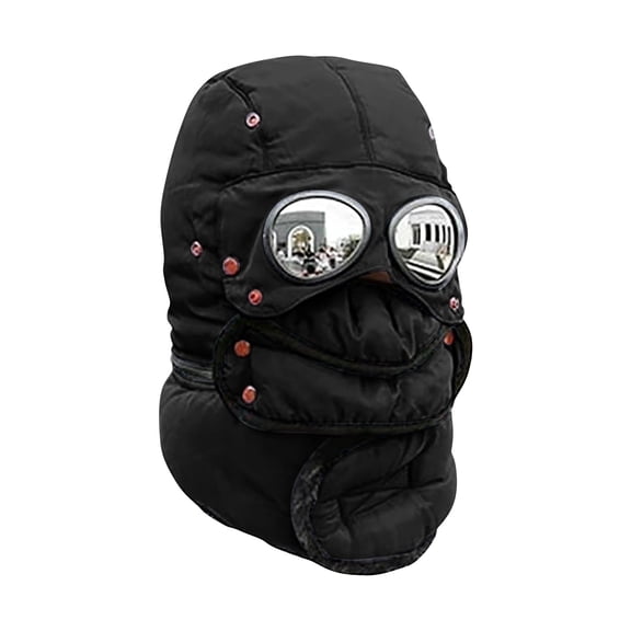 NMMUED Unisex Winter Trapper Hat with Goggles Thermal Quilted Balaclava Ski Mask Windproof Neck Warmer Black One Size