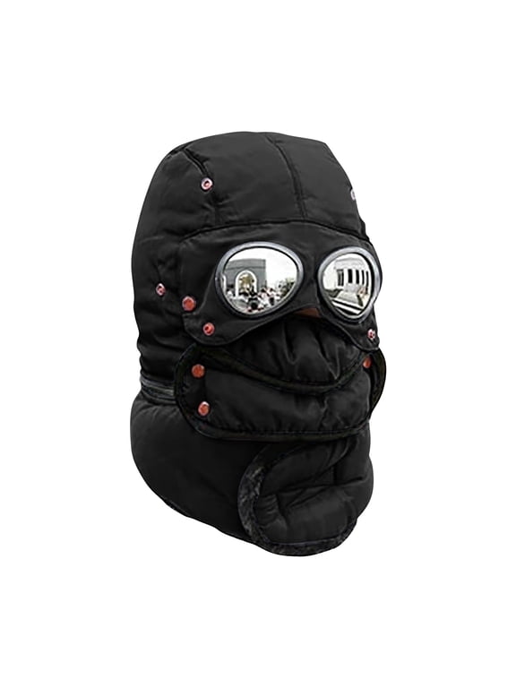 Unisex Winter Trapper Hat with Goggles Thermal Quilted Balaclava Ski Mask Windproof Neck Warmer Black One Size