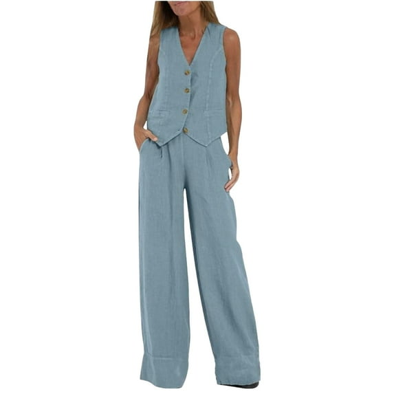 NMMUED Vest Sets Women 2 Piece Outfits Vest and Pants Set Women Linen Sets for Women 2 Piece Linen Vest Set Business Casual Outfits for Women, Light Blue L