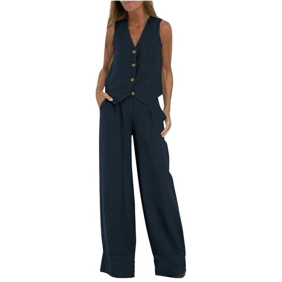 NMMUED Vest Sets Women 2 Piece Outfits Vest and Pants Set Women Linen Sets for Women 2 Piece Linen Vest Set Business Casual Outfits for Women, Navy M
