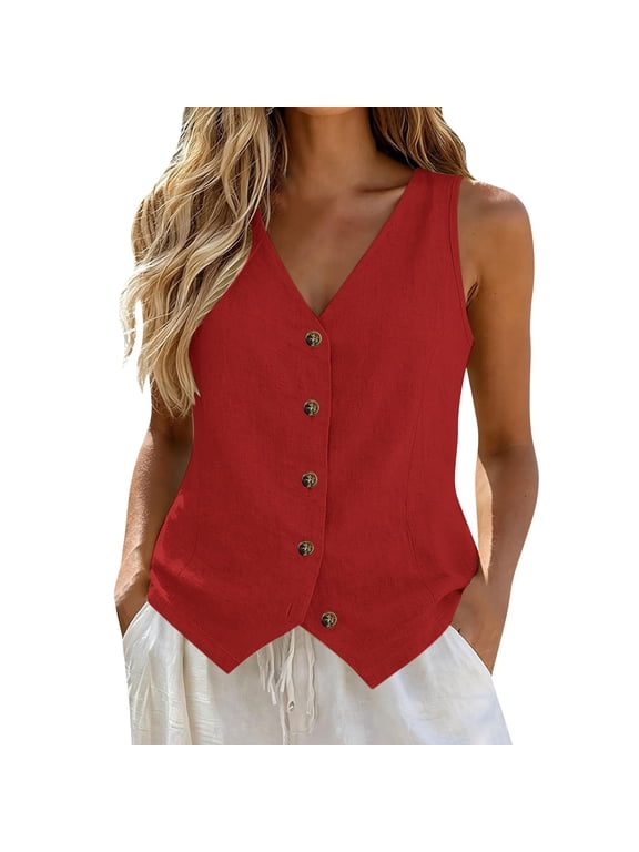Vest Tops for Women, Cotton Linen Button Down Sleeveless Shirts, Business Casual Tank Vests Top Summer Fashion 2026 Red M