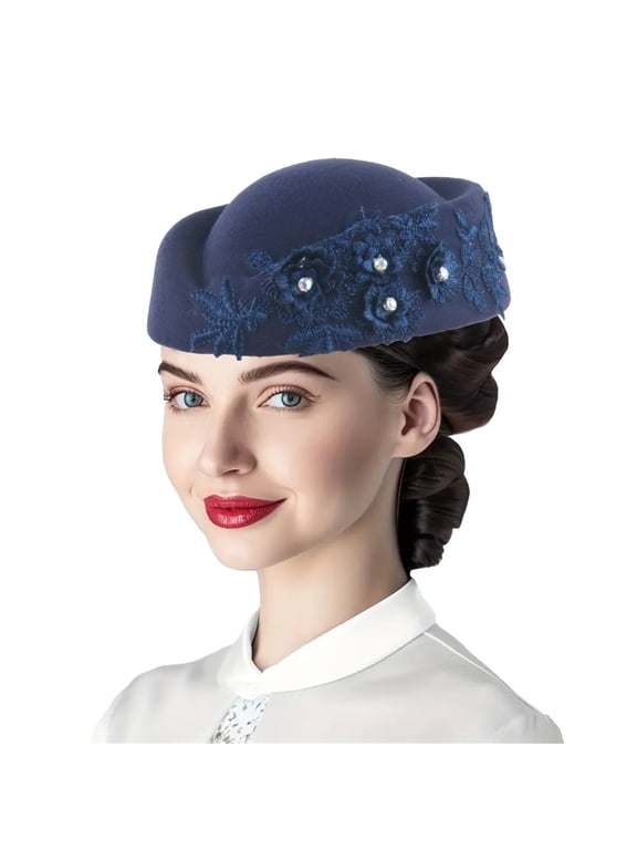 Vintage Felt Pillbox Hat with Floral Appliques, Elegant Derby Church Fascinator for Women Wedding Tea Party Events Navy M