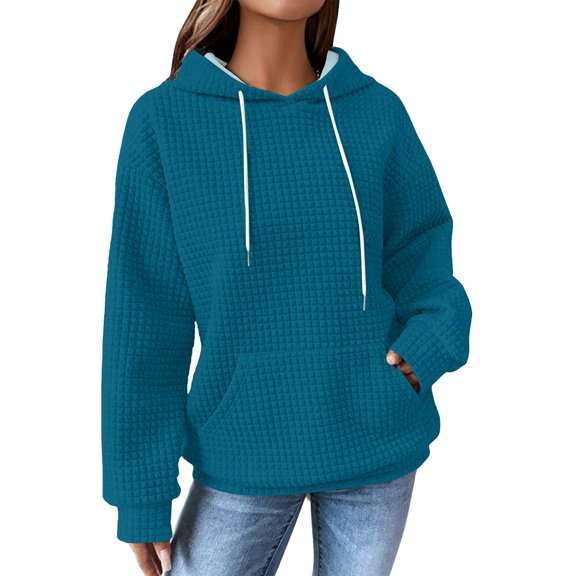 NMMUED Waffle Knit Tops for Women, Fall Sweatshirts for Women, Fall Outfits for Women, Baggy Hoodie, Fall Clothes for Women, Blue M