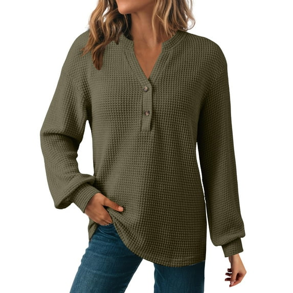 NMMUED Waffle Knit Tops for Women, Long Sleeve Shirts for Women, Womens Shirts Dressy Casual, Plain T Shirts for Women, Womens Fall Tops, Green L