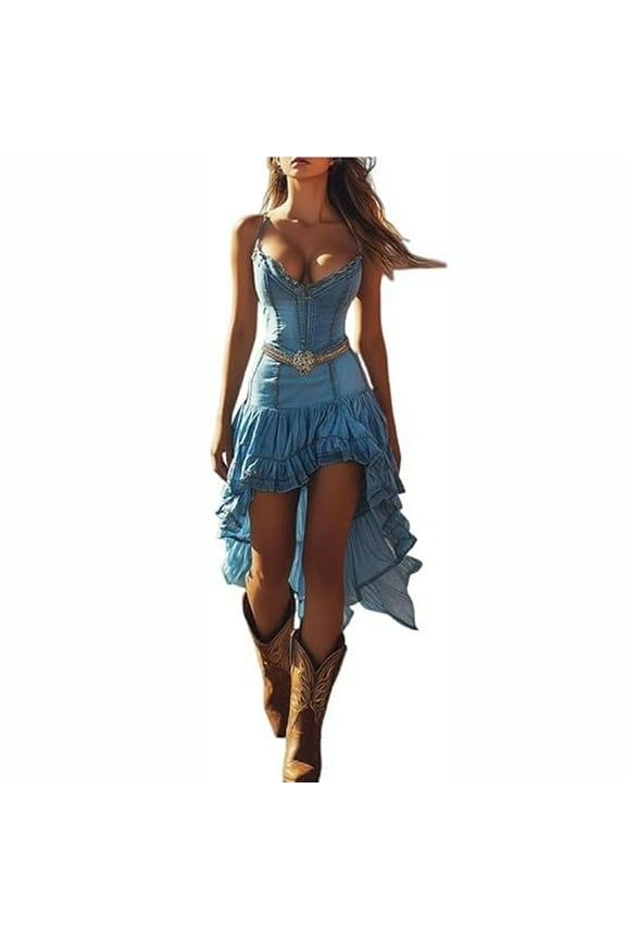 Western Outfit for Women Bodycon Dresses for Women Ruffle Dress Spaghetti Strap Dresses for Women Long Dresses for Women, Blue 2 L