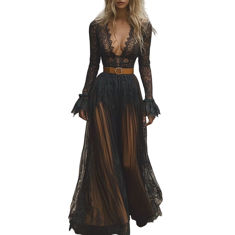 NMMUED Western Outfit for Women Maxi Dresses Deep V Neck Dress Lace Dress Corset Dress for Women, Black 2 XL
