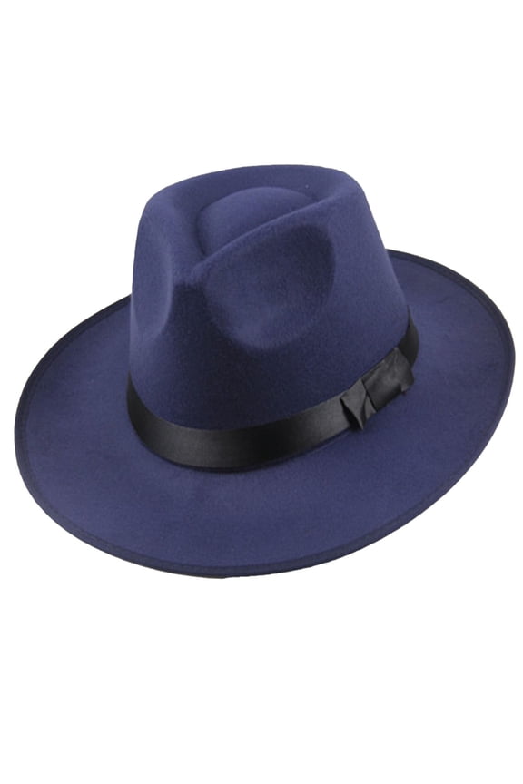 Wide Brim Fedora Hats for Women & Men Classic Dress Panama Hat Adjustable Felt Hat with Band Navy One Size