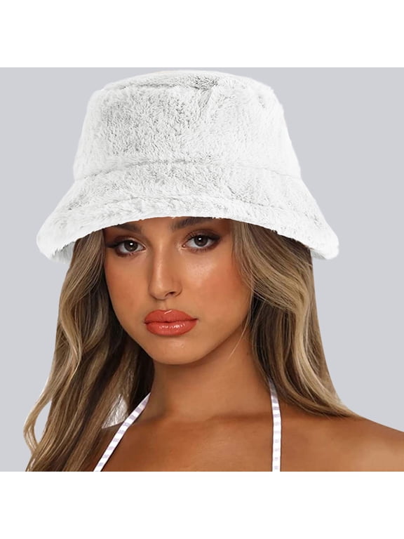 Winter Faux Fur Fuzzy Bucket Hat Fluffy Warm Fisherman Cap for Women White One Size