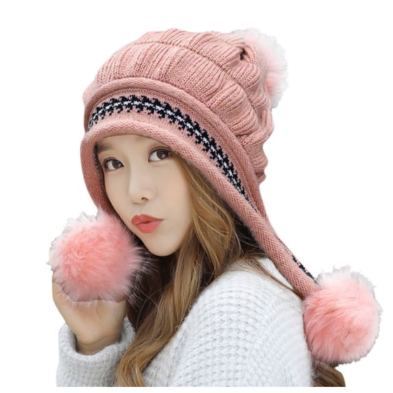 NMMUED Winter Knit Hat with Earflaps for Women Chunky Cable Beanie with Pom Poms Pink One Size