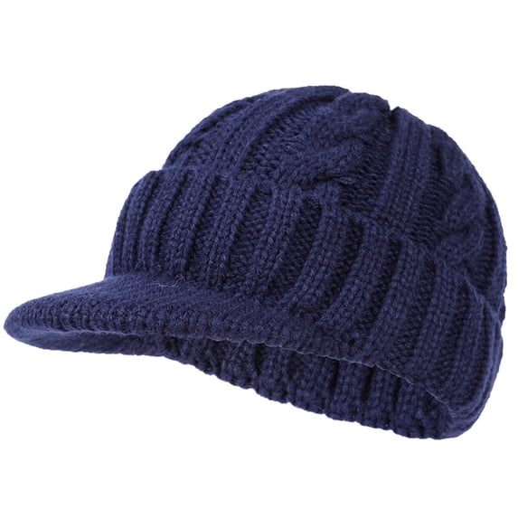 NMMUED Winter Visor Beanie Hat for Men Women Warm Ribbed Knit Cuffed Brimmed Cap Navy 2 One Size