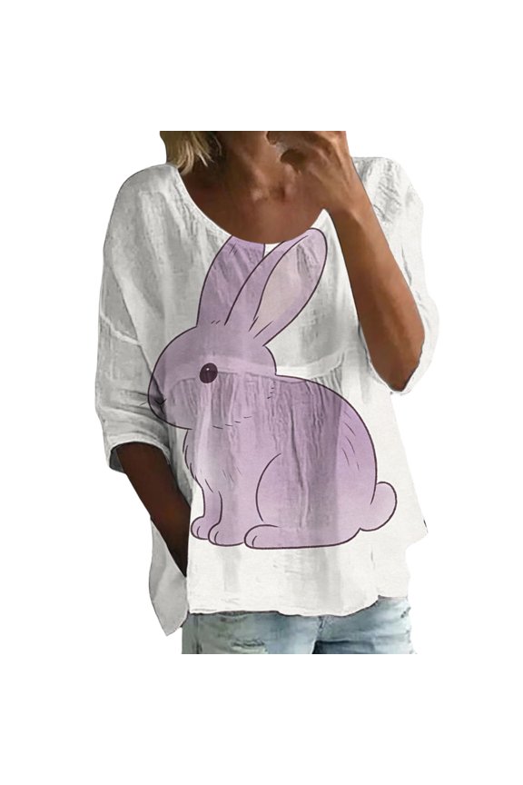 Woman Easter Shirt Happy Easter 3/4 Sleeve Shirts for Women Carrot Rabbit Print Tunic Tops Crew Neck Easter Gift Tops Womens Holiday Tops Purple 3XL