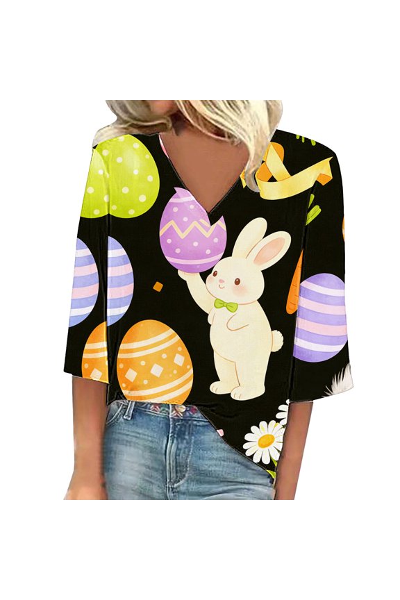 Woman Easter Shirt V Neck Easter Bunny Shirts Colored Eggs Print Cute Rabbit Shirt Easter Printed Happy Easter Tunic Tops Womens Easter Outfit Purple 1 XL