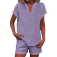 thumbnail image 1 of NMMUED Women 2 Piece Linen Short Sets 2026 Summer Vacation V Neck Short Sleeve Beach Outfits Button Casual Suits Matching Sets Summer Purple S, 1 of 5