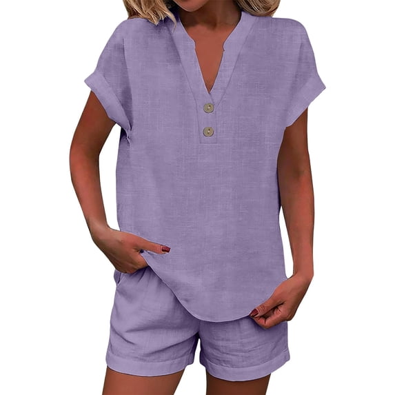 NMMUED Women 2 Piece Linen Short Sets 2026 Summer Vacation V Neck Short Sleeve Beach Outfits Button Casual Suits Matching Sets Summer Purple S