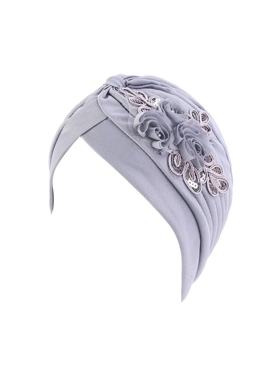 Women African Turban Floral Pre-tied Beanie Headwrap Chemo Cancer Hat Hair Accessories Bonnet Gray One Size