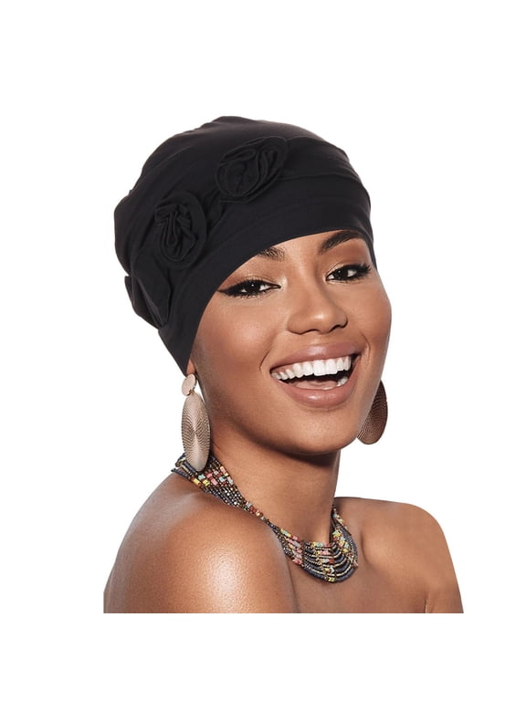 Women African Turban Pleated Beanie Headwrap Pre-tied Chemo Cancer Cap Turban Hijab Hair Cover Hat Black One Size