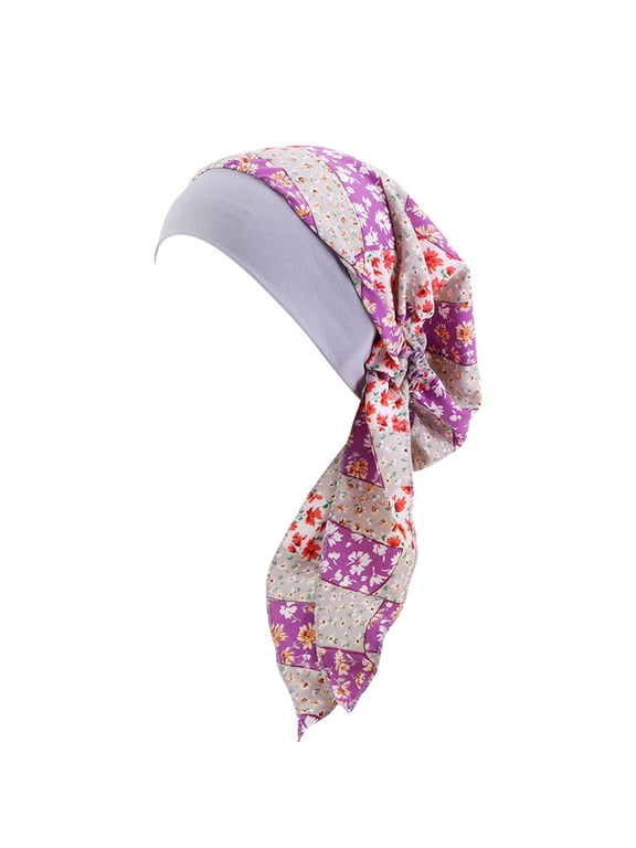 Women African Turban Scarf Tail Beanie Headwrap Pre-tied Chemo Cancer Cap Hair Loss Cover Hat Purple One Size