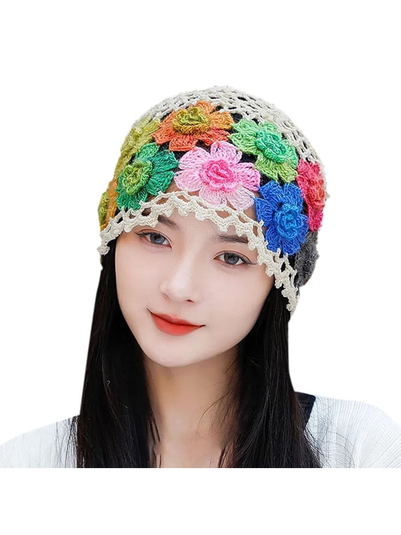 Women Boho Floral Crochet Hat Hollow Out Knit Beanie Vintage Skull Cap Beige One Size