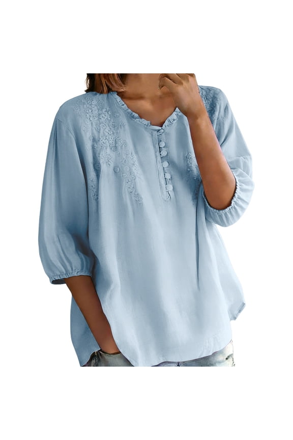 Women Cotton Linen Embroidered Tops Cotton Linen Blouse Embroidered Linen Tops Button Front Bohemian Tops Retro Embroidered Linen Clothing Light Blue L